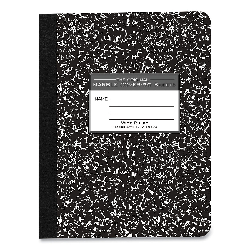 Roaring Spring Marble Cover Composition Book, Taped Binding, Wide/Legal Rule, Black Marble Cover, (50) 9.75 x 7.5 Sheets (77220)