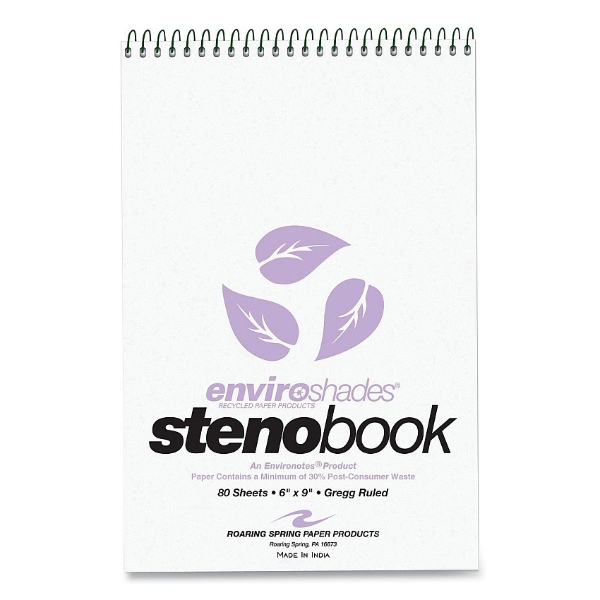 Roaring Spring Enviroshades Steno Notepad, Gregg Rule, White Cover, 80 Orchid 6 x 9 Sheets, 4/Pack (12264)