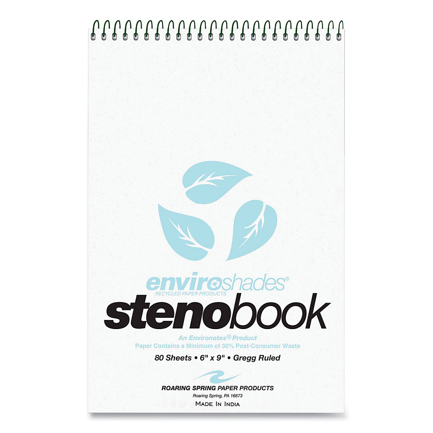 Roaring Spring Enviroshades Steno Notepad, Gregg Rule, White Cover, 80 Blue 6 x 9 Sheets, 4/Pack (12284)