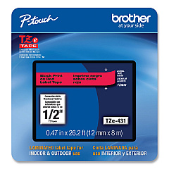 Brother P-Touch TZe Laminated Removable Label Tapes, 0.47" x 26.2 ft, Black on Red (TZE431CS)