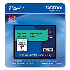 Brother P-Touch TZe Laminated Removable Label Tapes, 0.94" x 26.2 ft, Black on Green (TZE751CS)