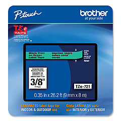 Brother P-Touch TZe Laminated Removable Label Tapes, 0.35" x 26.2 ft, Black on Green (TZE721CS)