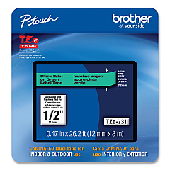 Brother P-Touch TZe Laminated Removable Label Tapes, 0.47" x 26.2 ft, Black on Green (TZE731CS)