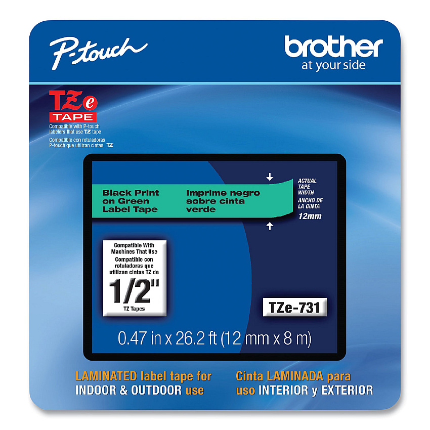 Brother P-Touch TZe Laminated Removable Label Tapes, 0.47" x 26.2 ft, Black on Green (TZE731CS)