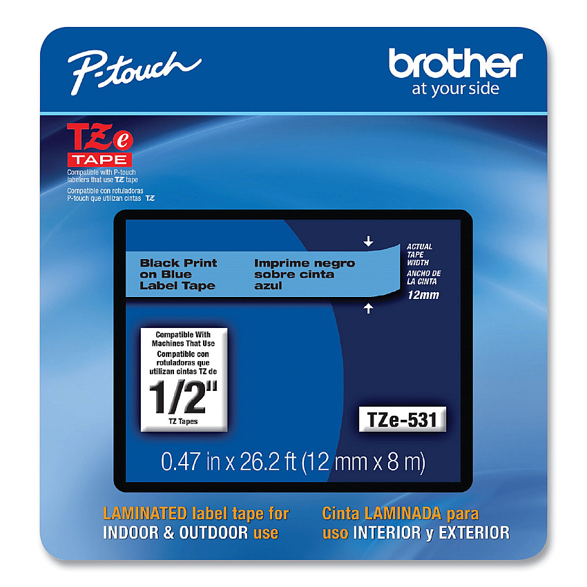 Brother P-Touch TZe Laminated Removable Label Tapes, 0.47" x 26.2 ft, Black on Blue (TZE531CS)