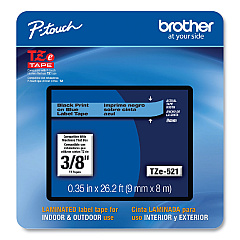 Brother P-Touch TZe Laminated Removable Label Tapes, 0.35" x 26.2 ft, Black on Blue (TZE521CS)