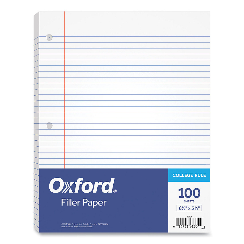 TOPS Filler Paper, 3-Hole, 5.5 x 8.5, Medium/College Rule, 100/Pack (62304)