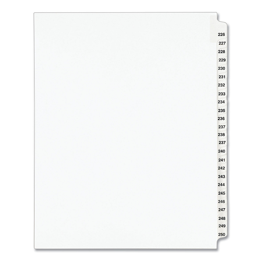 Preprinted Legal Exhibit Side Tab Index Dividers, Avery Style, 25-Tab, 226 to 250, 11 x 8.5, White, 1 Set, (1339) (01339)