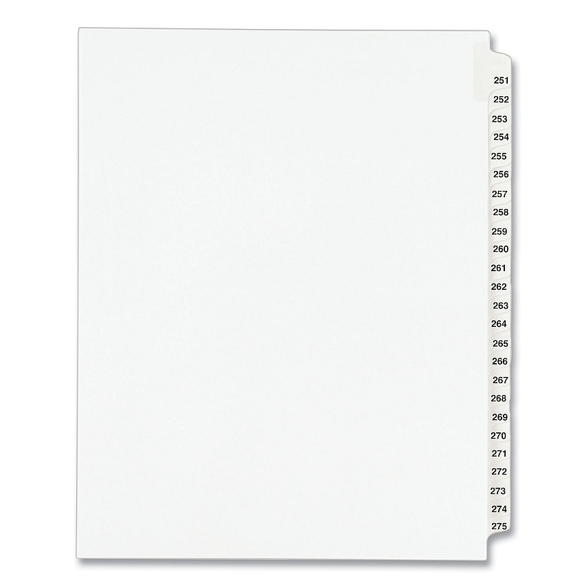 Preprinted Legal Exhibit Side Tab Index Dividers, Avery Style, 25-Tab, 251 to 275, 11 x 8.5, White, 1 Set, (1340) (01340)