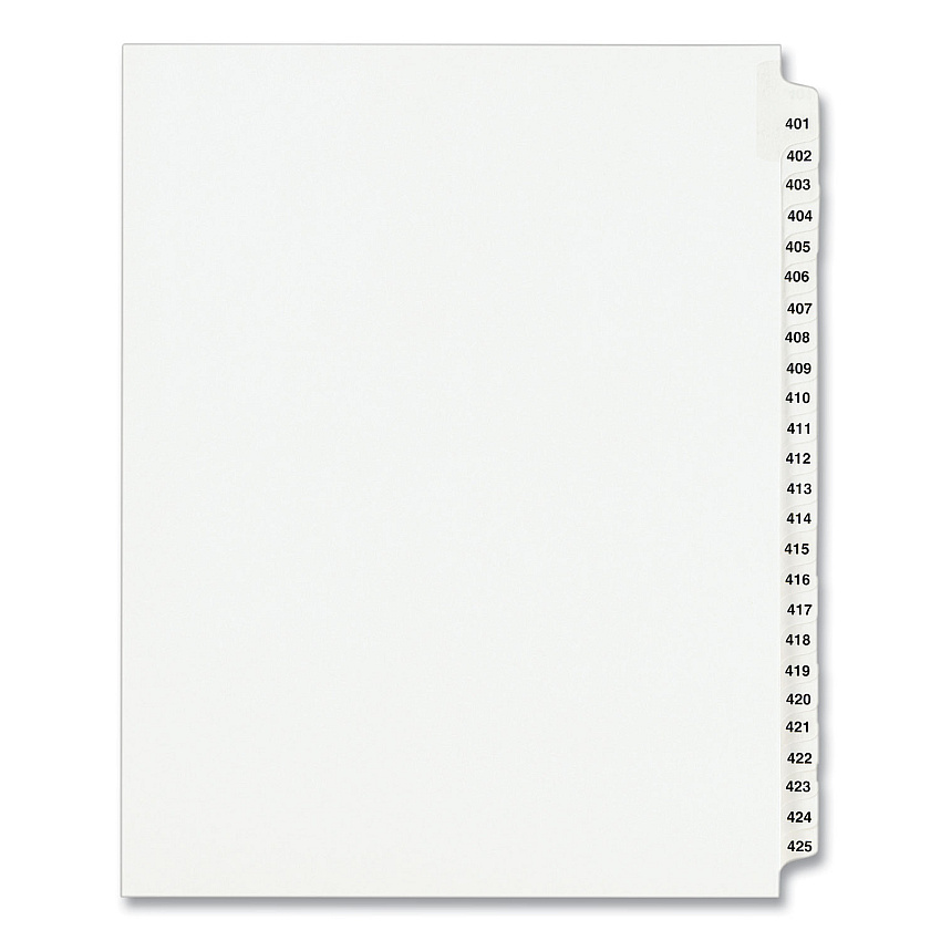 Preprinted Legal Exhibit Side Tab Index Dividers, Avery Style, 25-Tab, 401 to 425, 11 x 8.5, White, 1 Set, (1346) (01346)