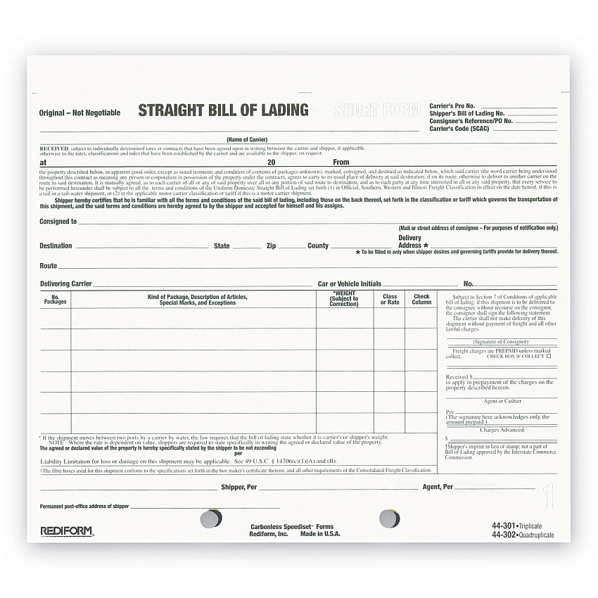 Rediform Bill of Lading Short Form, Three-Part Carbonless, 7 x 8.5, 1/Page, 250 Forms (44301)
