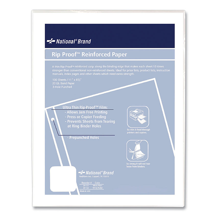 National Rip Proof Reinforced Filler Paper, 3-Hole, 8.5 x 11, Unruled, 100/Pack (20121)