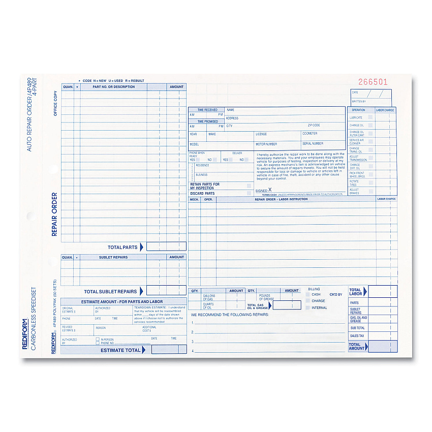 Rediform Four-Part Auto Repair Form, Four-Part Carbonless, 11 x 8.5, 1/Page, 50 Forms (4P489)