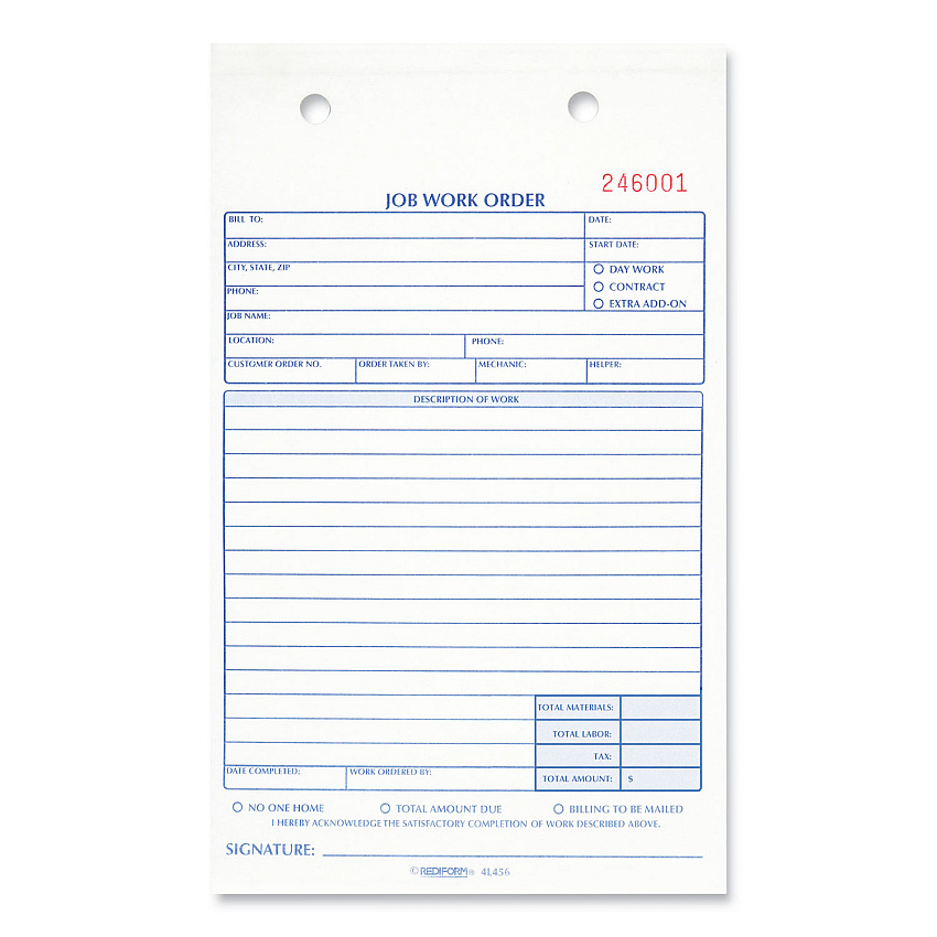 Rediform Job Work Order Book, Two-Part Carbonless, 5.5 x 8.5, 1/Page, 50 Forms (4L456)