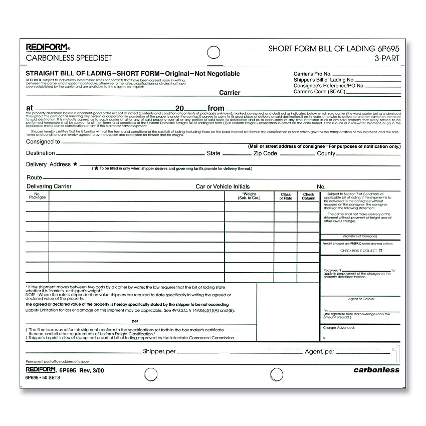 Rediform Bill of Lading, Short Form, Three-Part Carbonless, 7 x 8.5, 1/Page, 50 Forms (6P695)