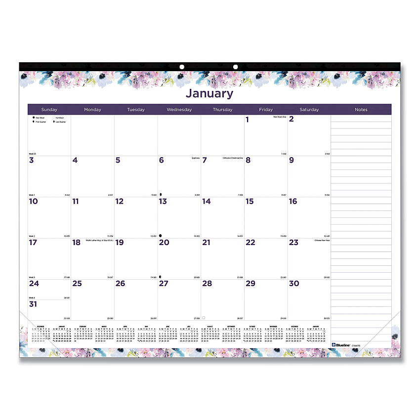 Blueline Passion Monthly Deskpad Calendar, Floral Artwork, 22 x 17, White/Multicolor Sheets, Black Binding, 12-Month (Jan-Dec): 2023 (C194113)
