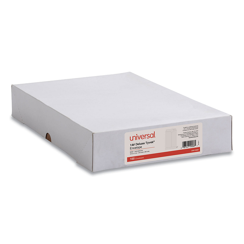 Universal Deluxe Tyvek Envelopes, #15, Square Flap, Self-Adhesive Closure, 10 x 15, White, 100/Box (UNV19008)