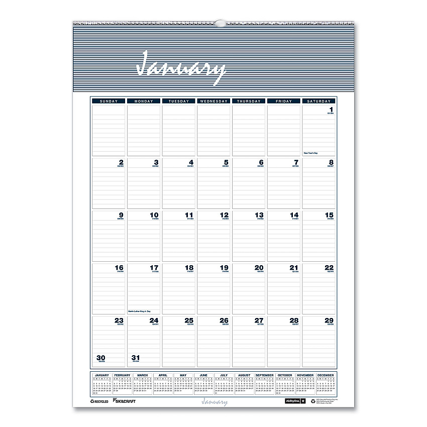 AbilityOne 7510016935087, SKILCRAFT 12-Month Wall Calendar, 15.5 x 22, White/Blue/Gray Sheets, 12-Month (Jan to Dec): 2026