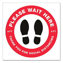 Avery Social Distancing Floor Decals, 10.5" dia, Please Wait Here, Red/White Face, Black Graphics, 5/Pack (83090)