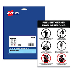 Avery Preprinted Surface Safe Wall Decals, 7 x 10, Prevent Germs from Spreading, White/Black Face, Black Graphics, 5/Pack (83174)