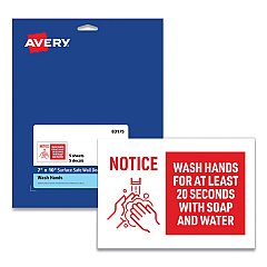 Avery Preprinted Surface Safe Wall Decals, 10 x 7, Wash Hands for at Least 20 Seconds, White/Red Face, Red Graphics, 5/Pack (83175)