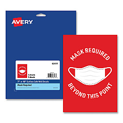 Avery Preprinted Surface Safe Wall Decals, 7 x 10, Mask Required Beyond This Point, Red Face, White Graphics, 5/Pack (83177)