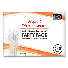 Berkley Square Elegant Dinnerware Heavyweight Cutlery Assortment, Individually Wrapped, 120 Forks/80 Spoons/40 Knives, White, 240/Box (90191)