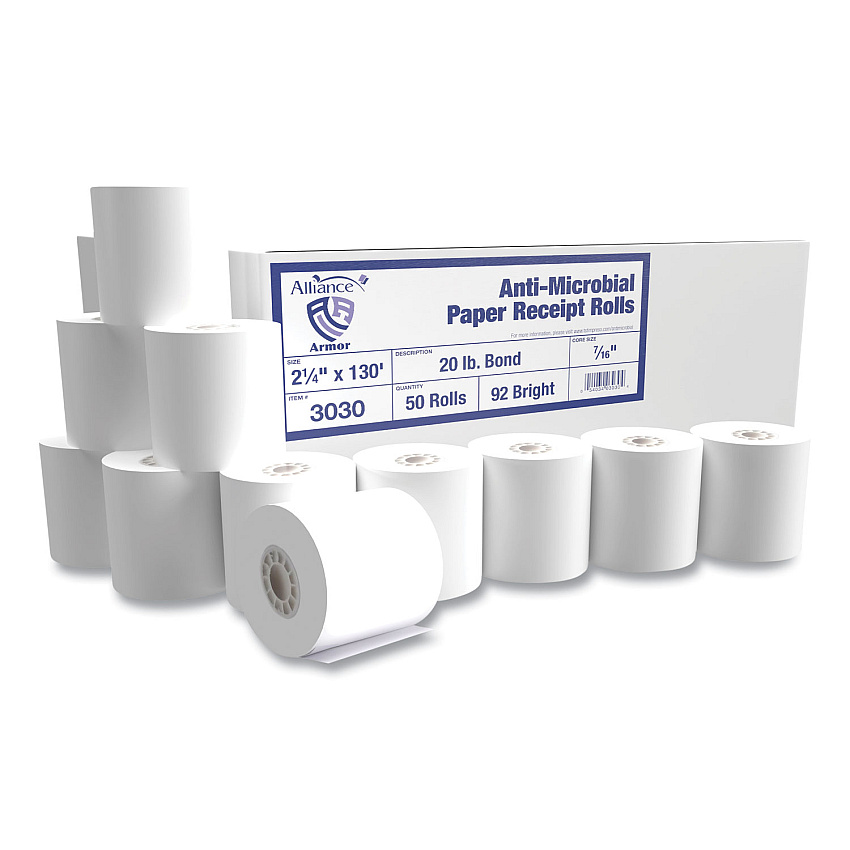 Alliance Armor Antimicrobial Receipt Roll Paper, 2.25" x 130 ft, White, 50/Carton (3030)