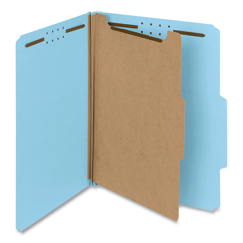 Smead Recycled Pressboard Classification Folders, 2" Expansion, 1 Divider, 4 Fasteners, Letter Size, Blue Exterior, 10/Box (13721)