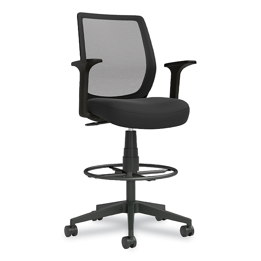 Union & Scale Essentials Mesh Back Fabric Drafting Stool with Arms, Supports Up to 275 lb, Black Seat/Back, Black Base (59384)