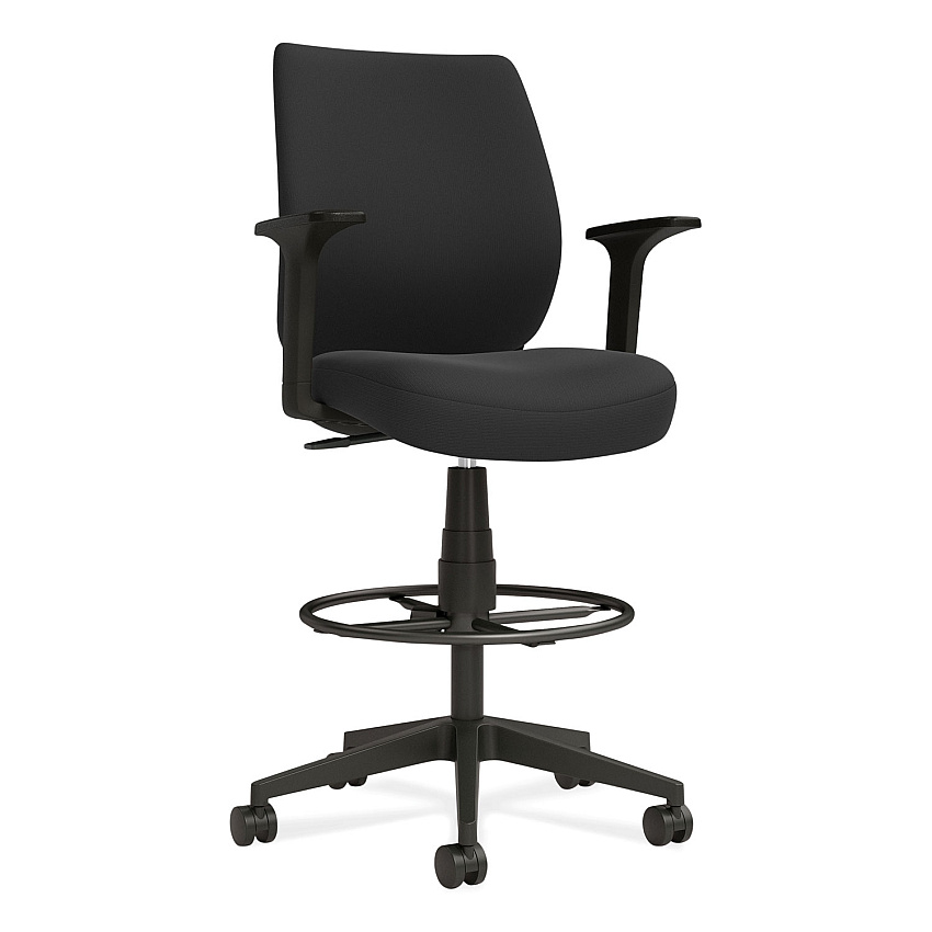 Union & Scale Essentials Fabric Drafting Stool with Arms, Supports Up to 275 lb, Black Seat/Back, Black Base (59388)