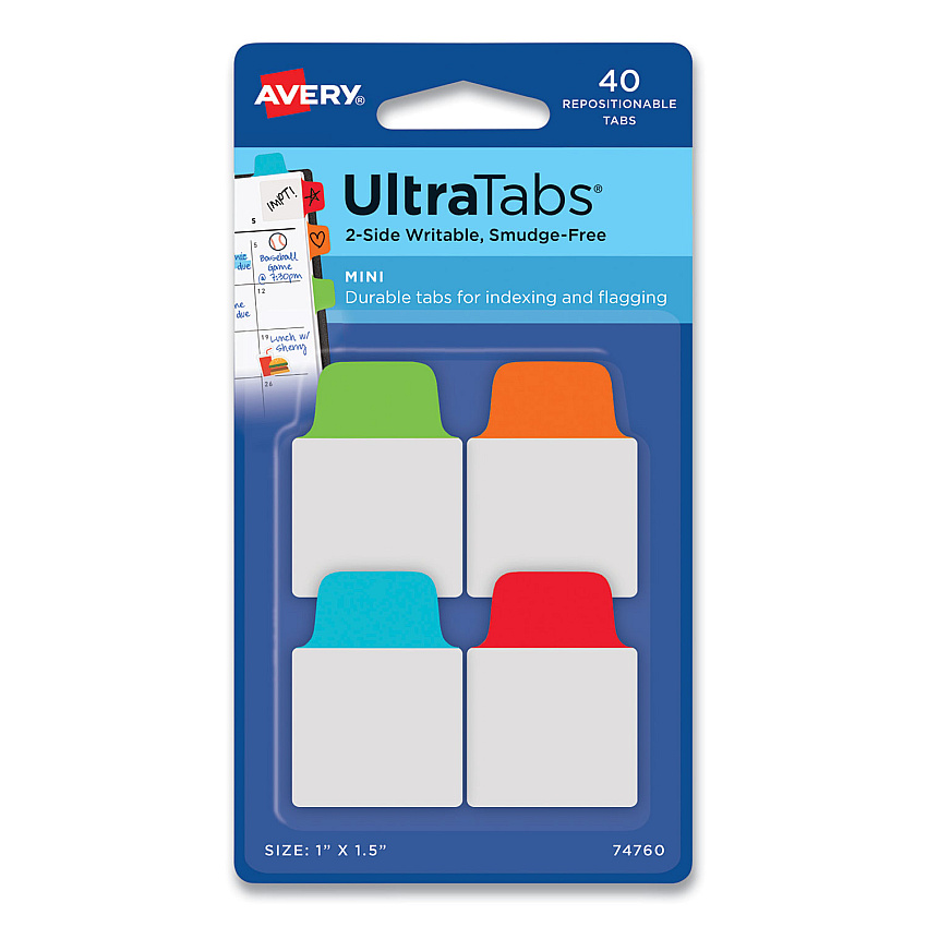 Avery Ultra Tabs Repositionable Mini Tabs, 1/5-Cut Tabs, Assorted Primary Colors, 1" Wide, 40/Pack (74760)
