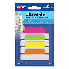 Avery Ultra Tabs Repositionable Margin Tabs, 1/5-Cut Tabs, Assorted Neon, 2.5" Wide, 24/Pack (74767)