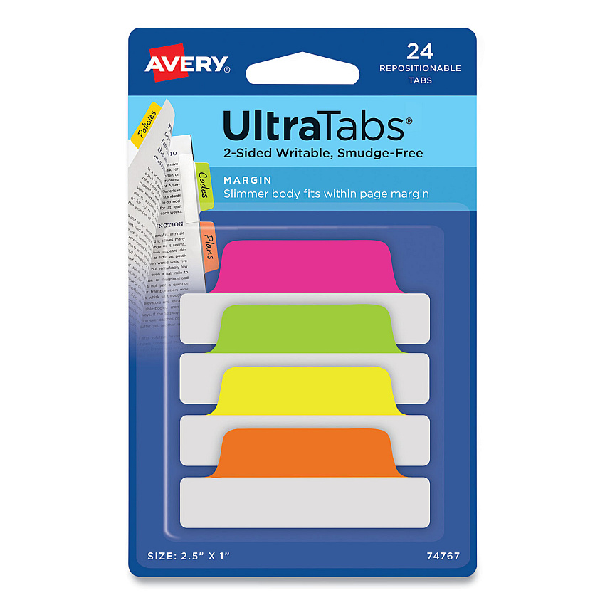 Avery Ultra Tabs Repositionable Margin Tabs, 1/5-Cut Tabs, Assorted Neon, 2.5" Wide, 24/Pack (74767)