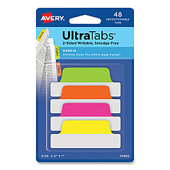 Avery Ultra Tabs Repositionable Margin Tabs, 1/5-Cut Tabs, Assorted Neon, 2.5" Wide, 48/Pack (74865)