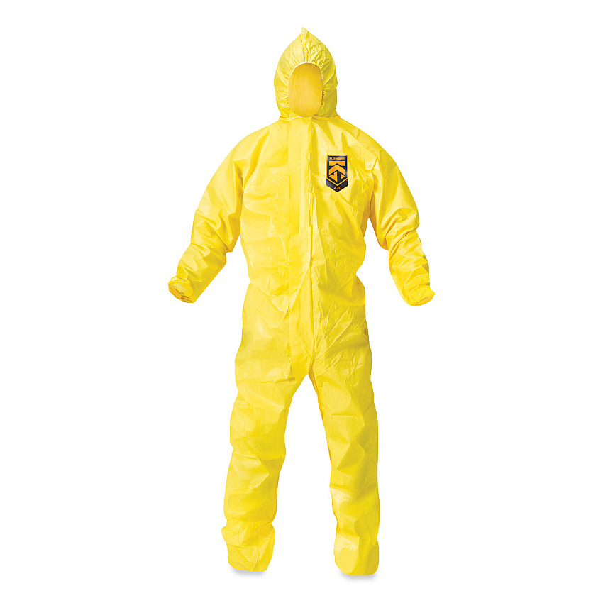 KleenGuard A70 Chemical Spray Protection Coveralls, Hooded, Storm Flap, Large, Yellow, 12/Carton (09813)