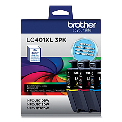 Brother LC401XL3PK Cyan/Magenta/Yellow High Yield Ink Cartridges, 3/Pack