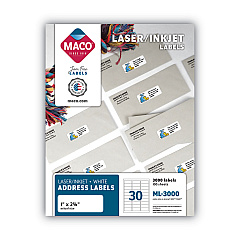 MACO White Laser/Inkjet Shipping Address Labels, Inkjet/Laser Printers, 1 x 2.63, White, 30 Labels/Sheet, 100 Sheets/Box (ML3000)