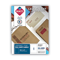 Maco Laser/Inkjet Matte Clear Full Sheet Labels, Inkjet/Laser Printers, 8.5 x 11, Clear, 50/Box (ML4