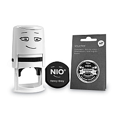 NIO Stamp with Voucher and Fancy Gray Ink Pad, Self-Inking, 1.56" Diameter (071509)