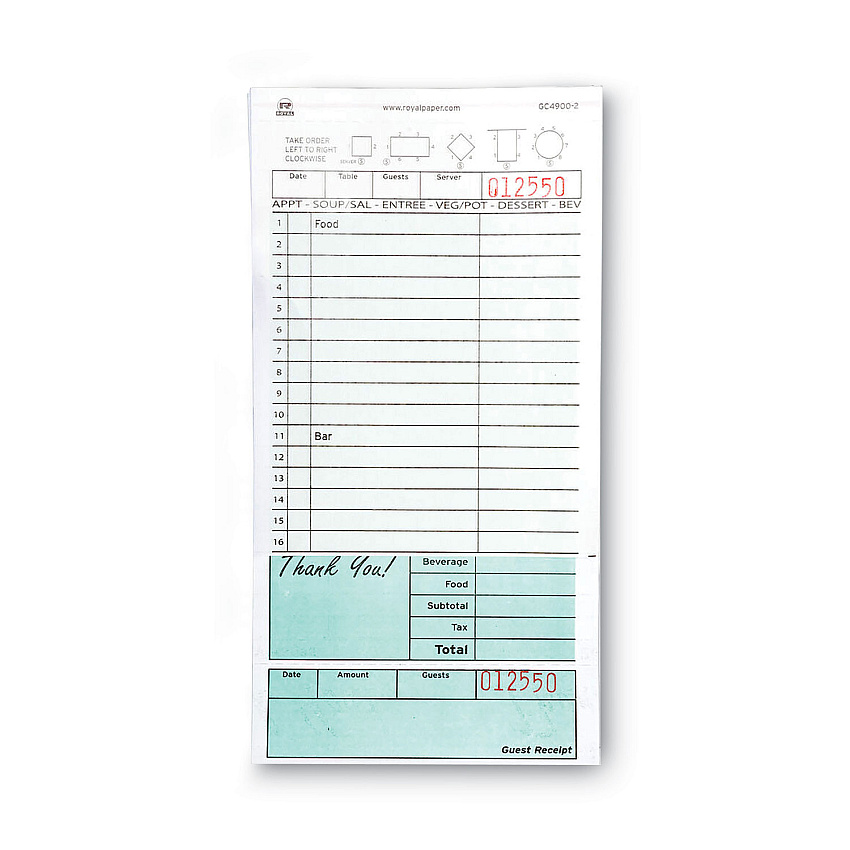 AmerCareRoyal Guest Check Book, Two-Part Carbonless, 4.2 x 8.6, 1/Page, 50 Forms/Book, 50 Books/Carton (GC49002)