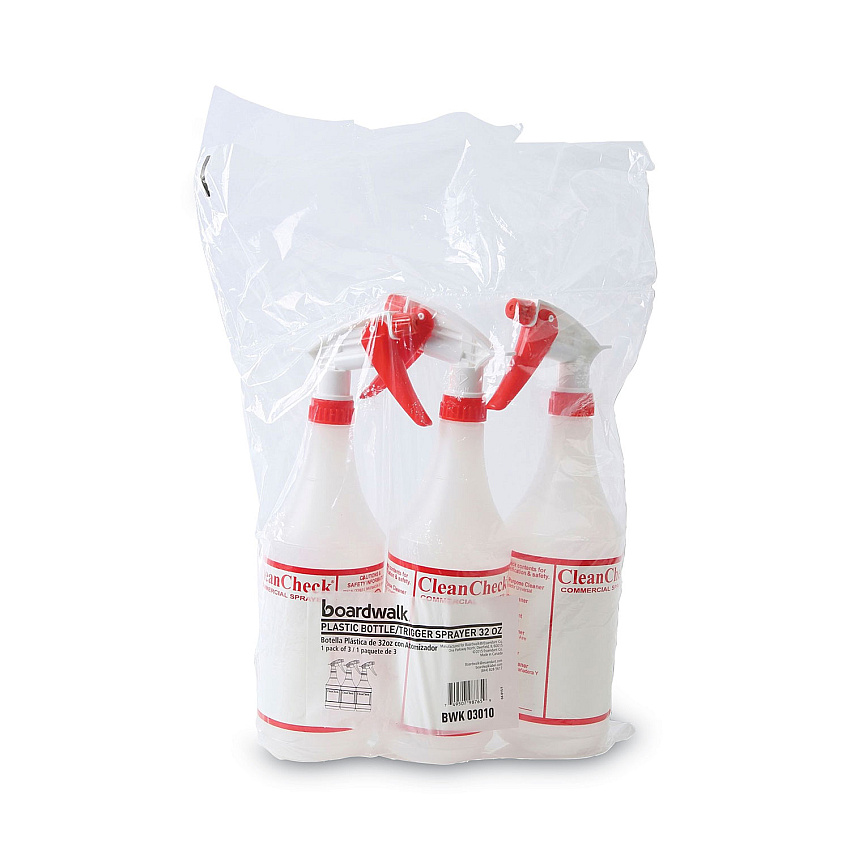 Boardwalk Trigger Spray Bottle, 32 oz, Clear/Red, HDPE, 3/Pack (BWK03010)