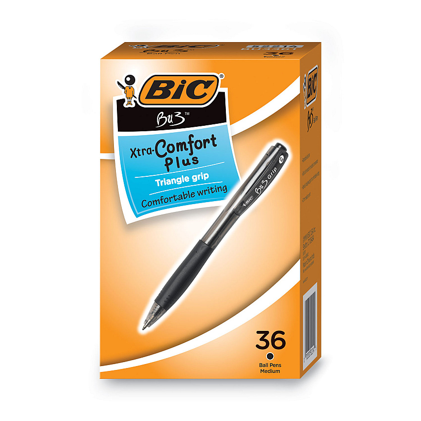BIC BU3 Ballpoint Pen, Retractable, Medium 1 mm, Black Ink, Black Barrel, 36/Pack (BU3361BK)