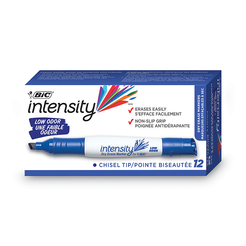 BIC Intensity Low Odor Chisel Tip Dry Erase Marker, Broad Chisel Tip, Blue, Dozen (GDEM11BE)