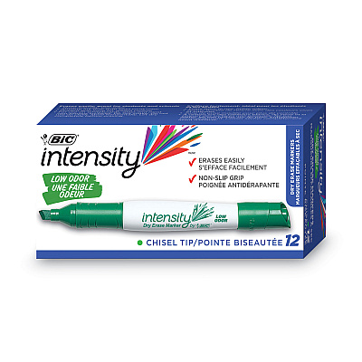 BIC Intensity Low Odor Chisel Tip Dry Erase Marker, Broad Chisel Tip, Green, Dozen (GDEM11GN)