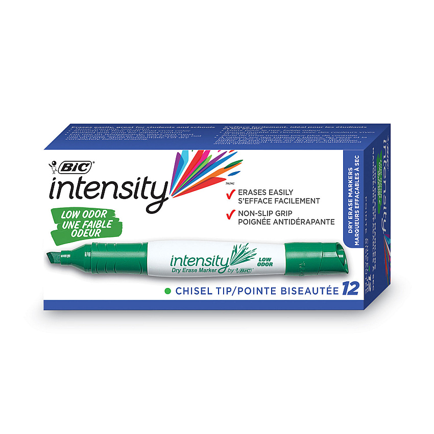 BIC Intensity Low Odor Chisel Tip Dry Erase Marker, Broad Chisel Tip, Green, Dozen (GDEM11GN)