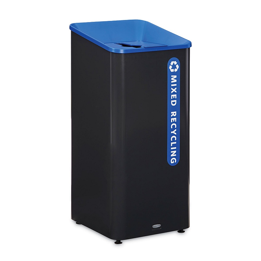 Rubbermaid Commercial Sustain Decorative Refuse with Recycling Lid, 23 gal, Metal/Plastic, Black/Blue (2078980)