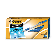 BIC Round Stic Grip Xtra Comfort Ballpoint Pen, Stick, Fine 0.8 mm, Blue Ink, Gray/Blue Barrel, Dozen (GSFG11BE)