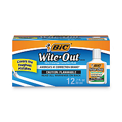 BIC Wite-Out Extra Coverage Correction Fluid, 20 mL Bottle, White, Dozen (WOFEC12WE)