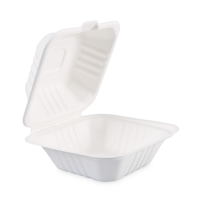 Boardwalk Bagasse Food Containers, Hinged-Lid, 1-Compartment 6 x 6 x 3.19, White, 125/Sleeve, 4 Sleeves/Carton (BWKHINGEWF1CM6)